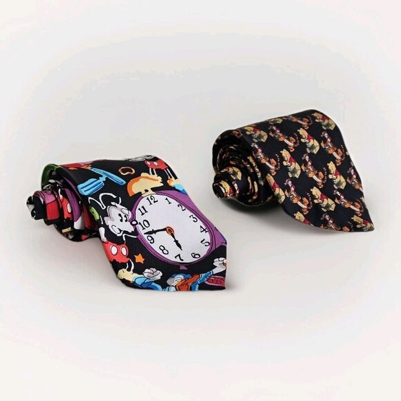 Disney Themed Silk Tie Lot of 2 Pooh Mickey Donald AOP W3.5 L57.5 - 58.5 Boho - Picture 4 of 16